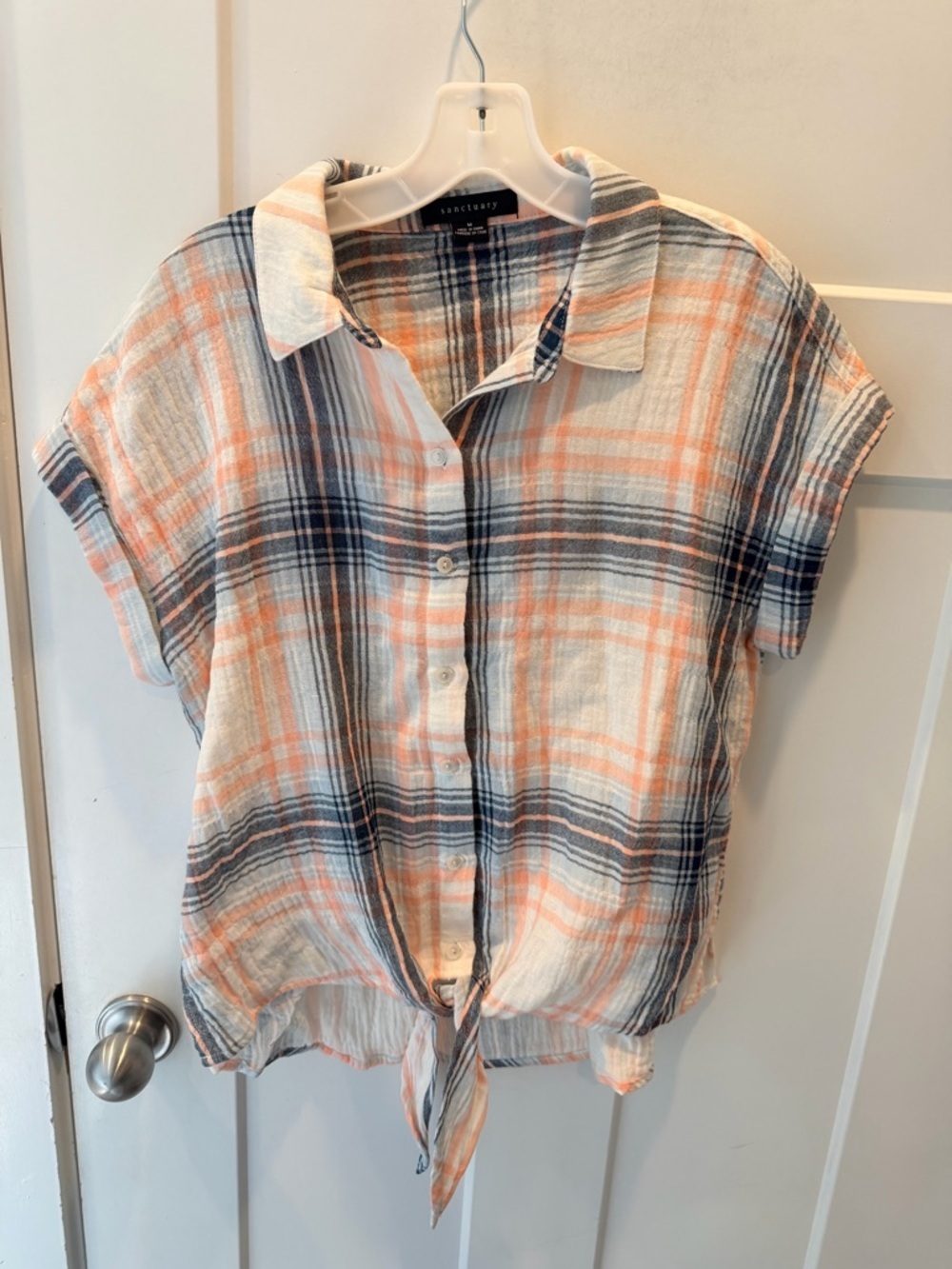 Sanctuary Plaid Tie Front Button Shirt Medium Lightweight Gauze Top Casual